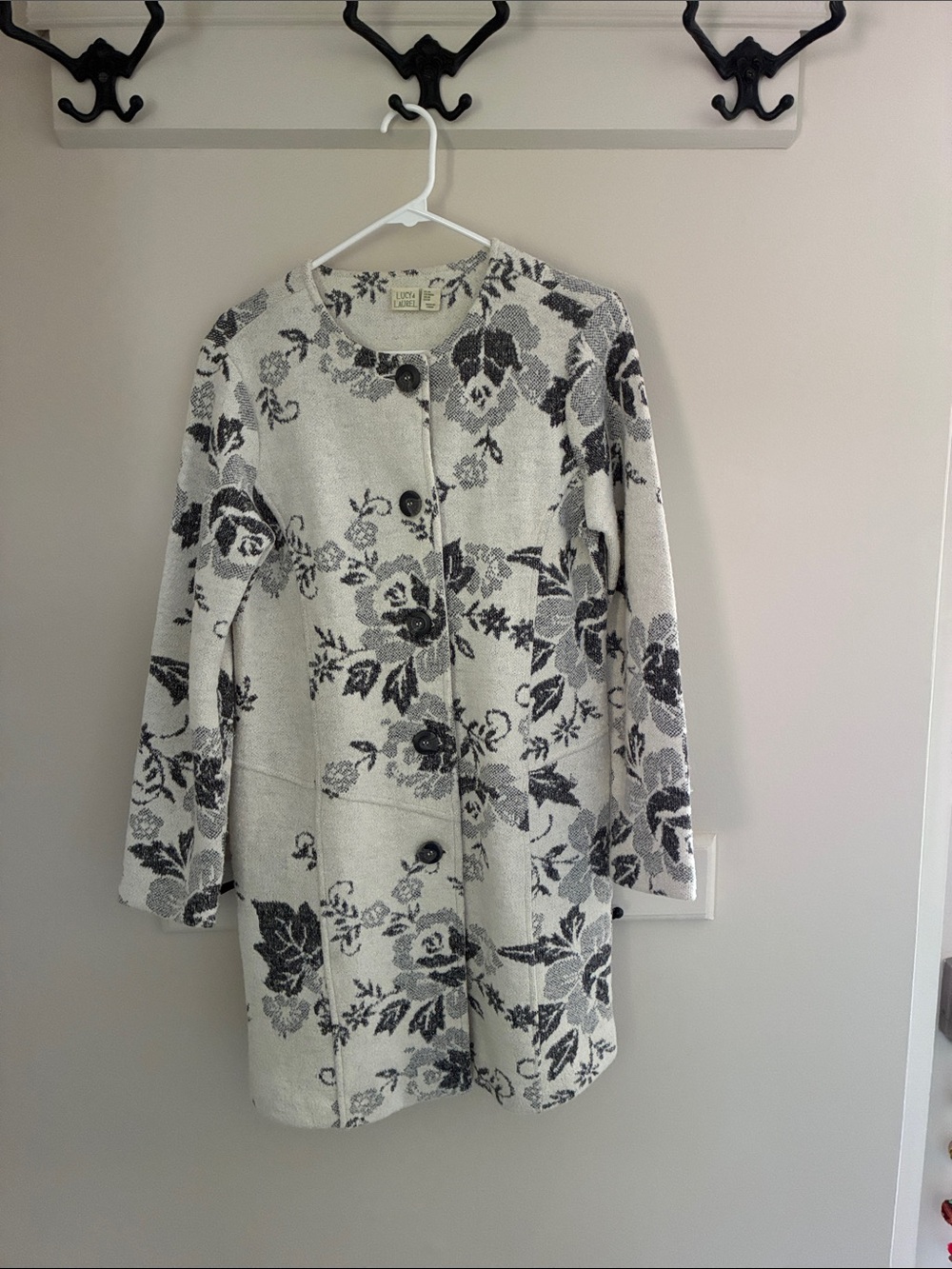 Lucy & Laurel Cream Floral Jacquard Pea Coat with Black Flowers
